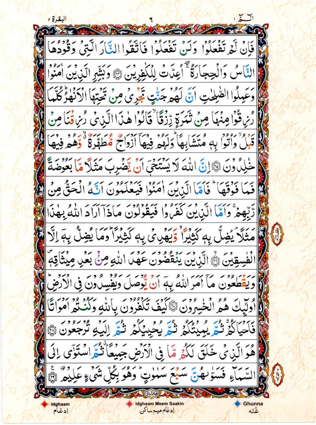 Read 15 Lines Color Coded Quran, Part / Chapter / Siparah 1 Page 6