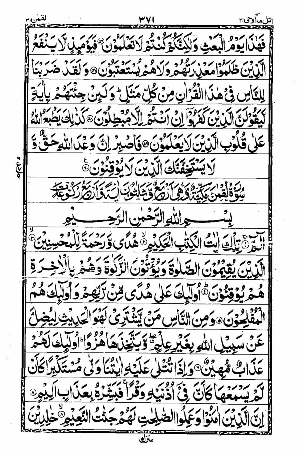 Read 16 Lines Taj Company Quran, Part / Chapter / Siparah 21 Page 372
