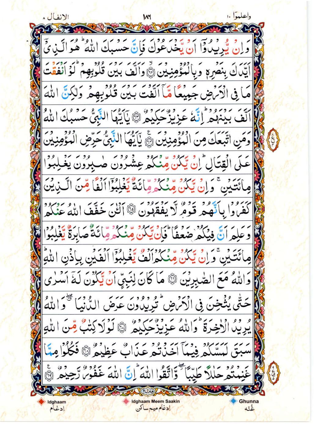 Read 15 Lines Color Coded Quran, Part / Chapter / Siparah 10 Page 186