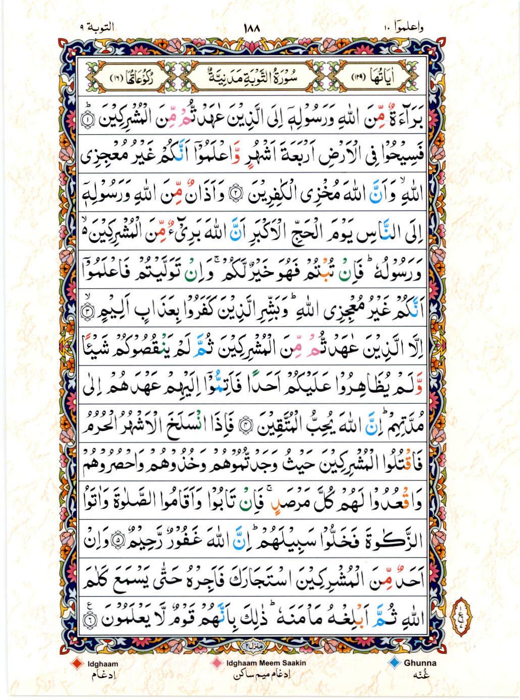 Read 15 Lines Color Coded Quran, Part / Chapter / Siparah 10 Page 188