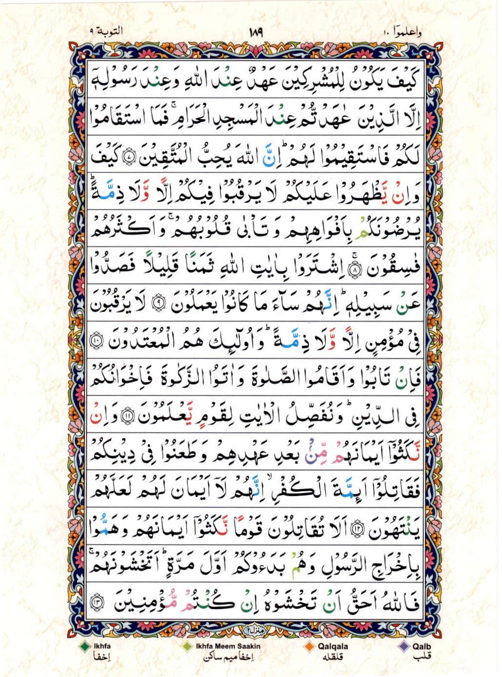 Read 15 Lines Color Coded Quran, Part / Chapter / Siparah 10 Page 189