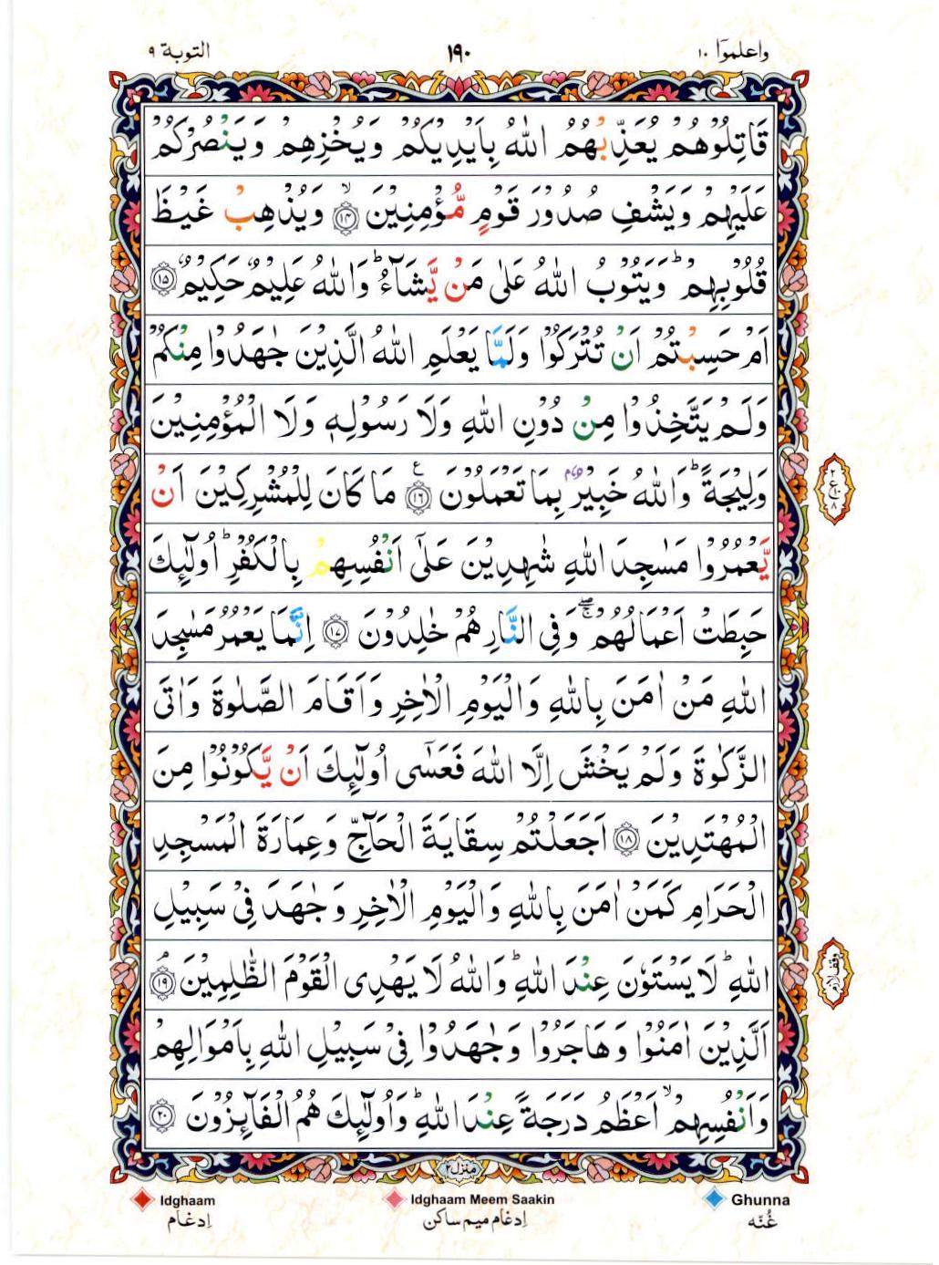 Read 15 Lines Color Coded Quran, Part / Chapter / Siparah 10 Page 190