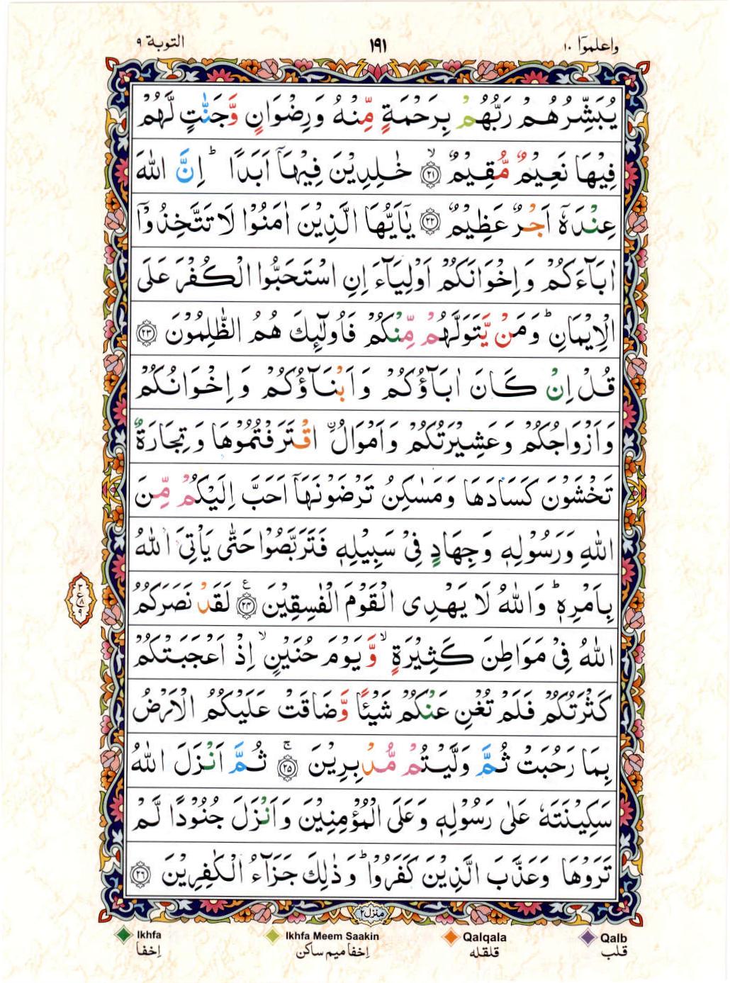 Read 15 Lines Color Coded Quran, Part / Chapter / Siparah 10 Page 191