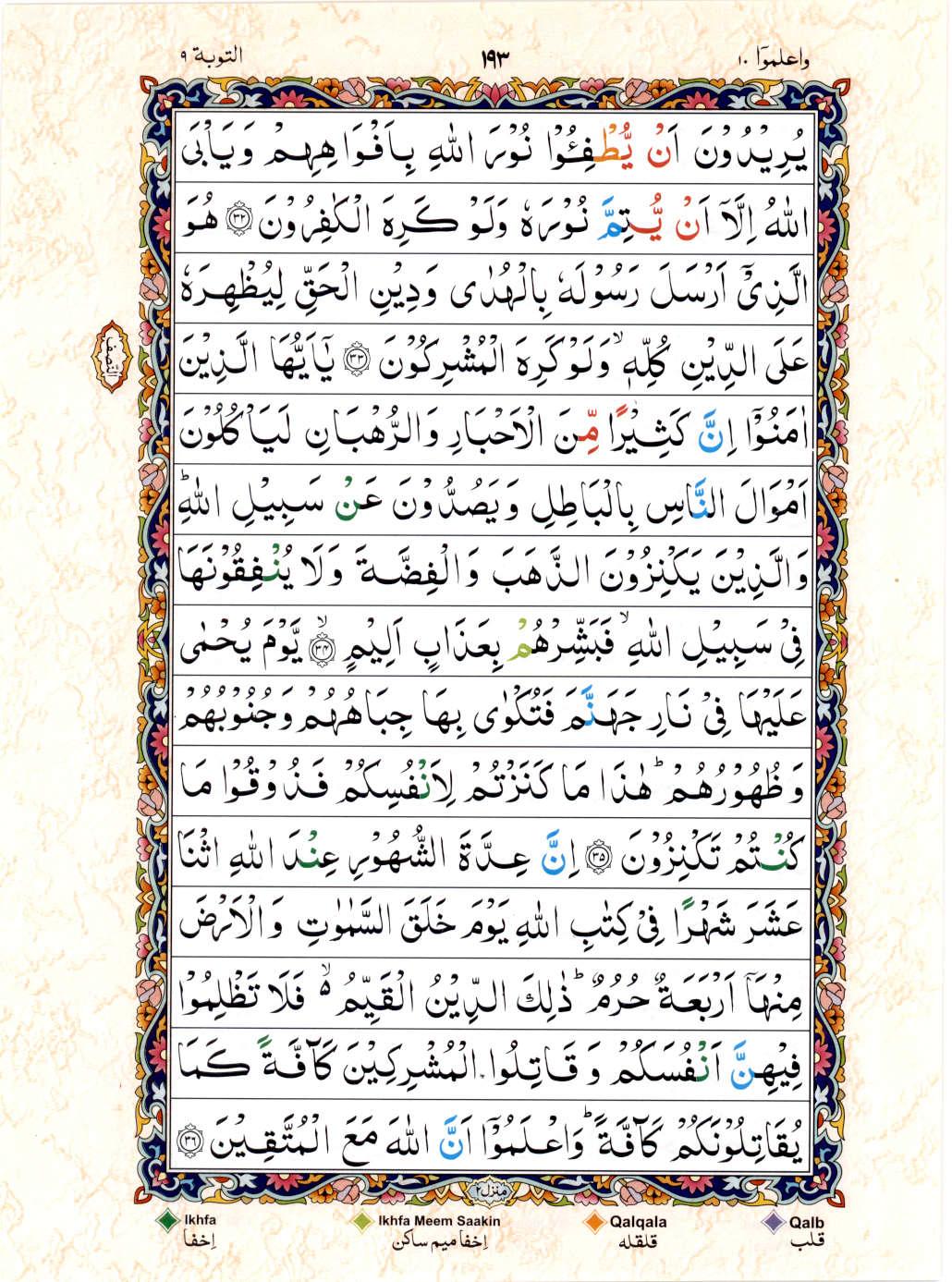 Read 15 Lines Color Coded Quran, Part / Chapter / Siparah 10 Page 193