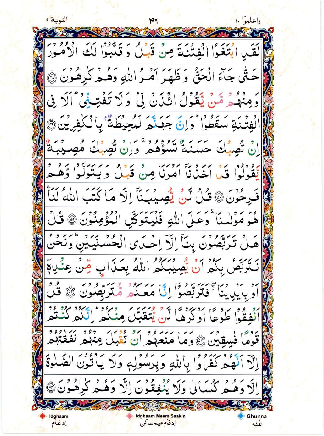 Read 15 Lines Color Coded Quran, Part / Chapter / Siparah 10 Page 196