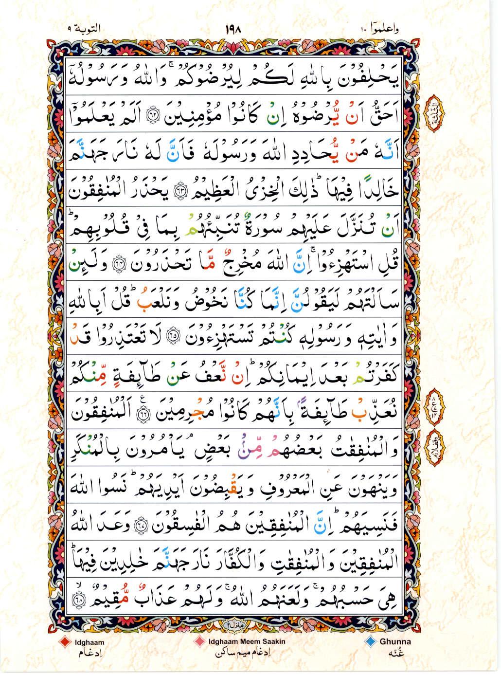 Read 15 Lines Color Coded Quran, Part / Chapter / Siparah 10 Page 198