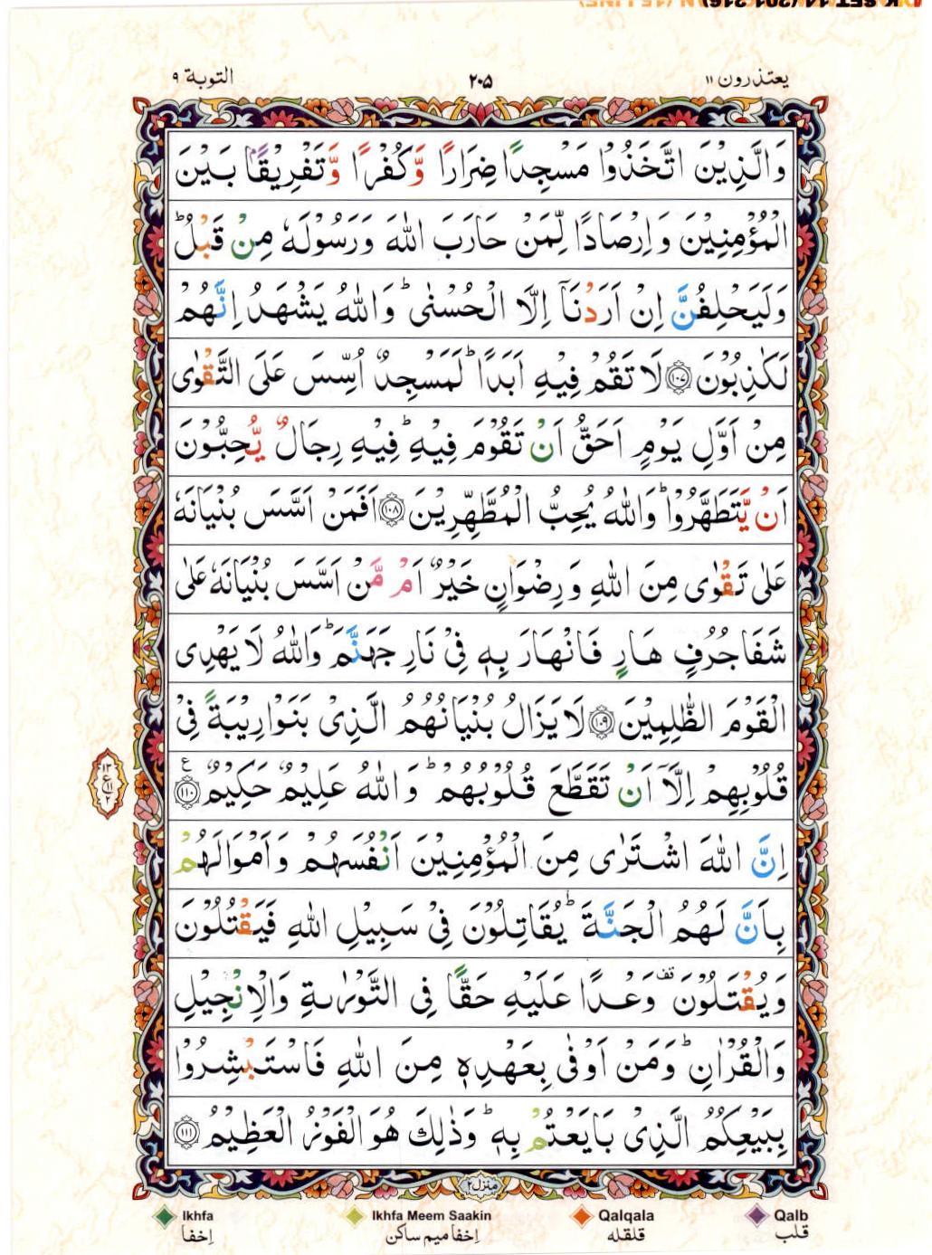 Read 15 Lines Color Coded Quran, Part / Chapter / Siparah 11 Page 205