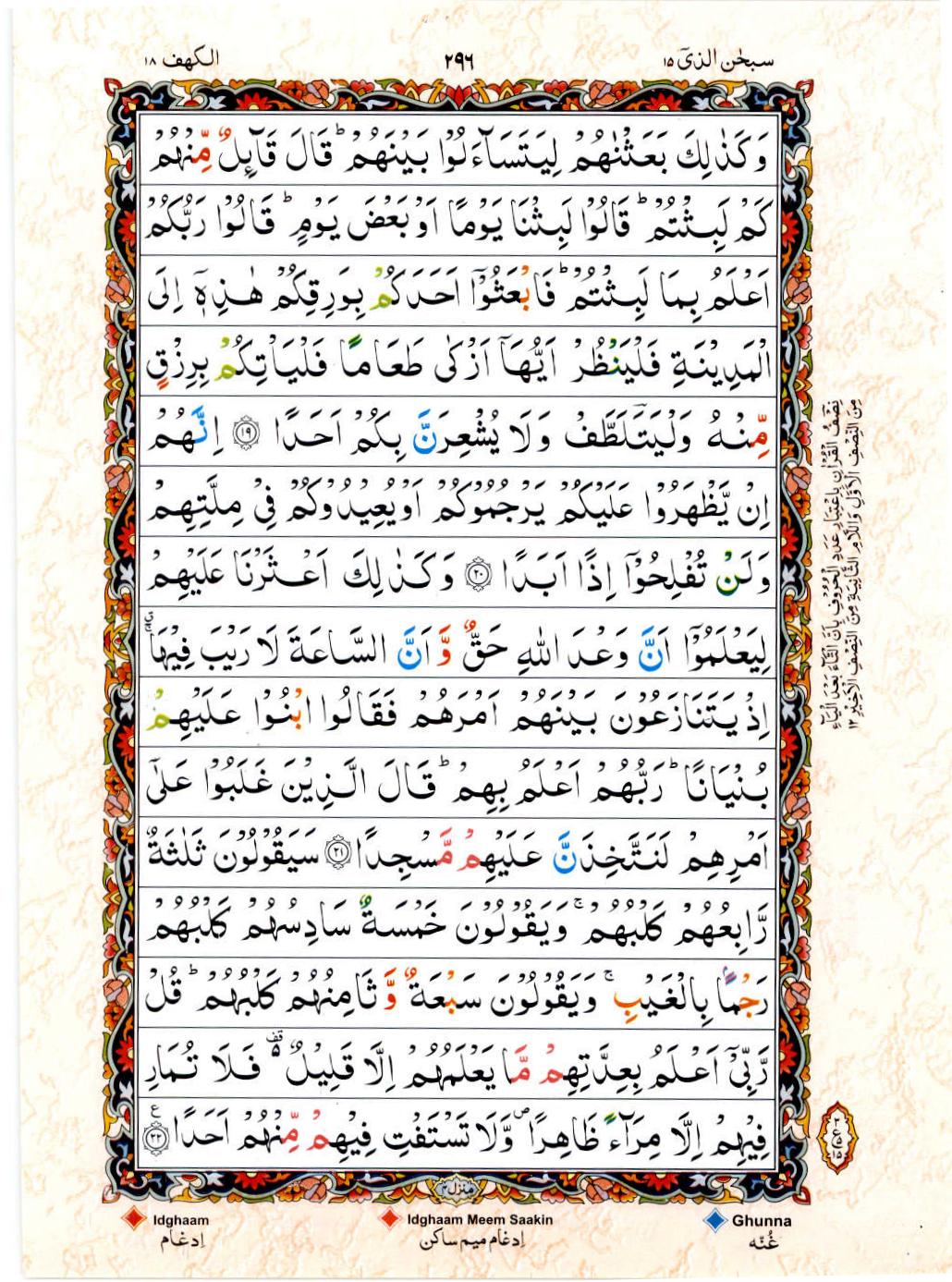 Read 15 Lines Color Coded Quran, Part / Chapter / Siparah 15 Page 296