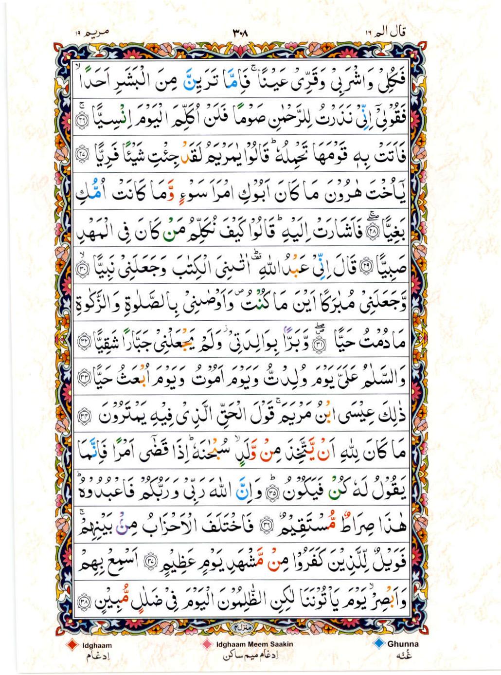 Read 15 Lines Color Coded Quran, Part / Chapter / Siparah 16 Page 308