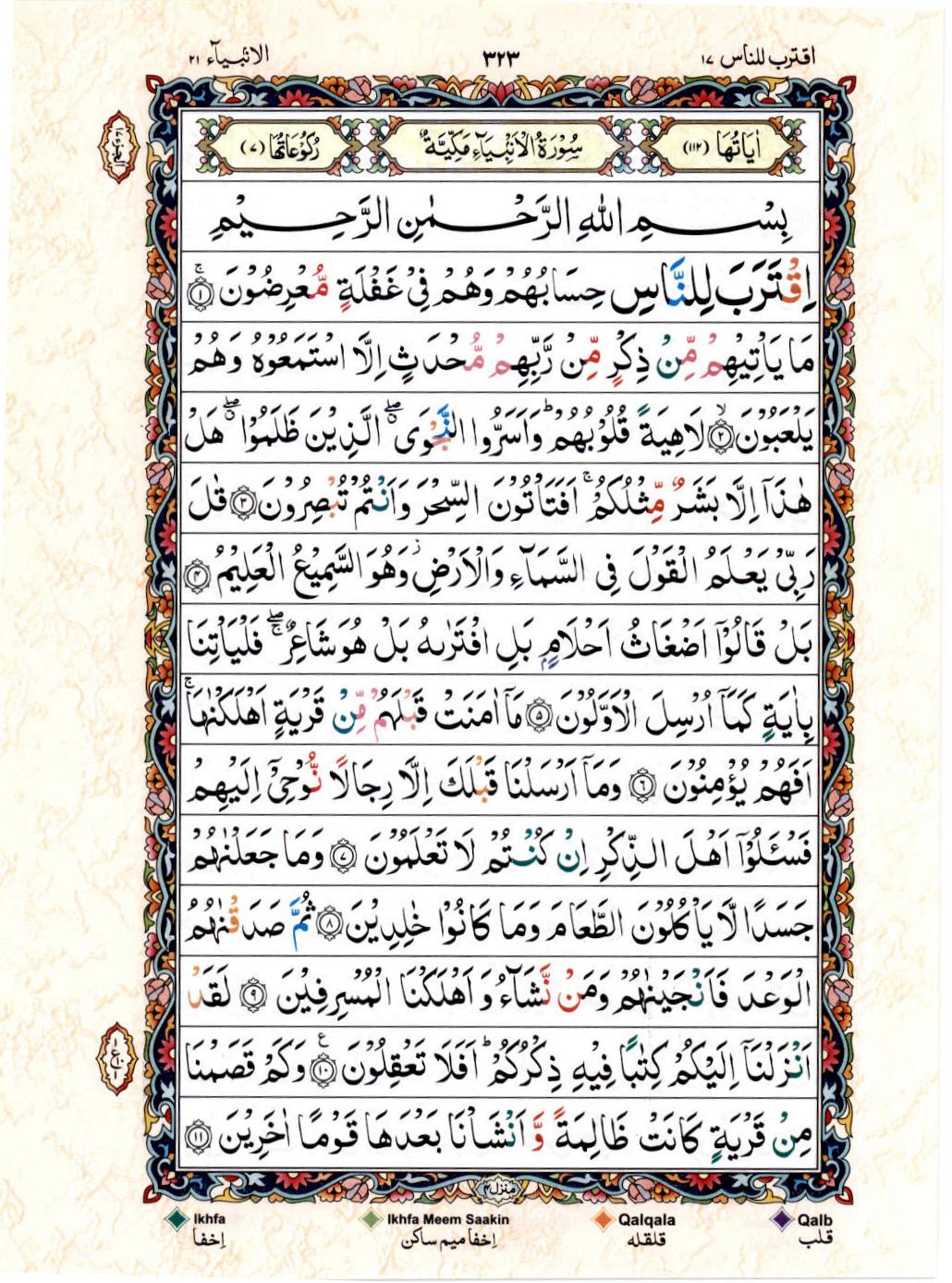 Read 15 Lines Color Coded Quran, Part / Chapter / Siparah 17 Page 323