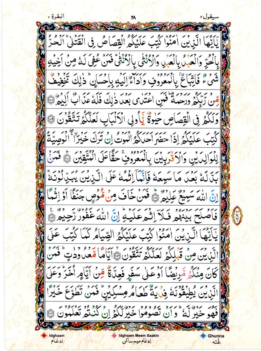 Read 15 Lines Color Coded Quran, Part / Chapter / Siparah 2 Page 28