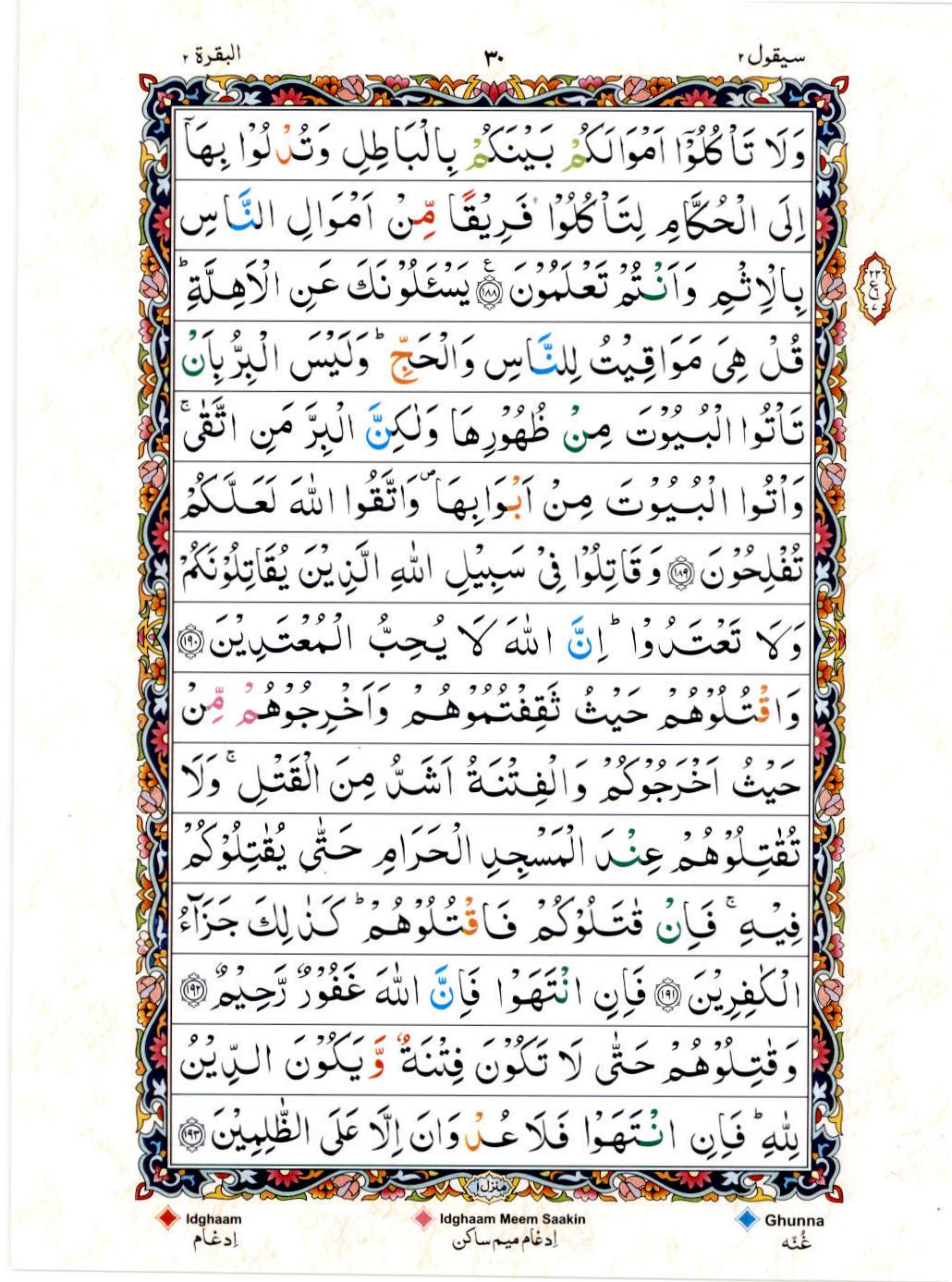 Read 15 Lines Color Coded Quran, Part / Chapter / Siparah 2 Page 30