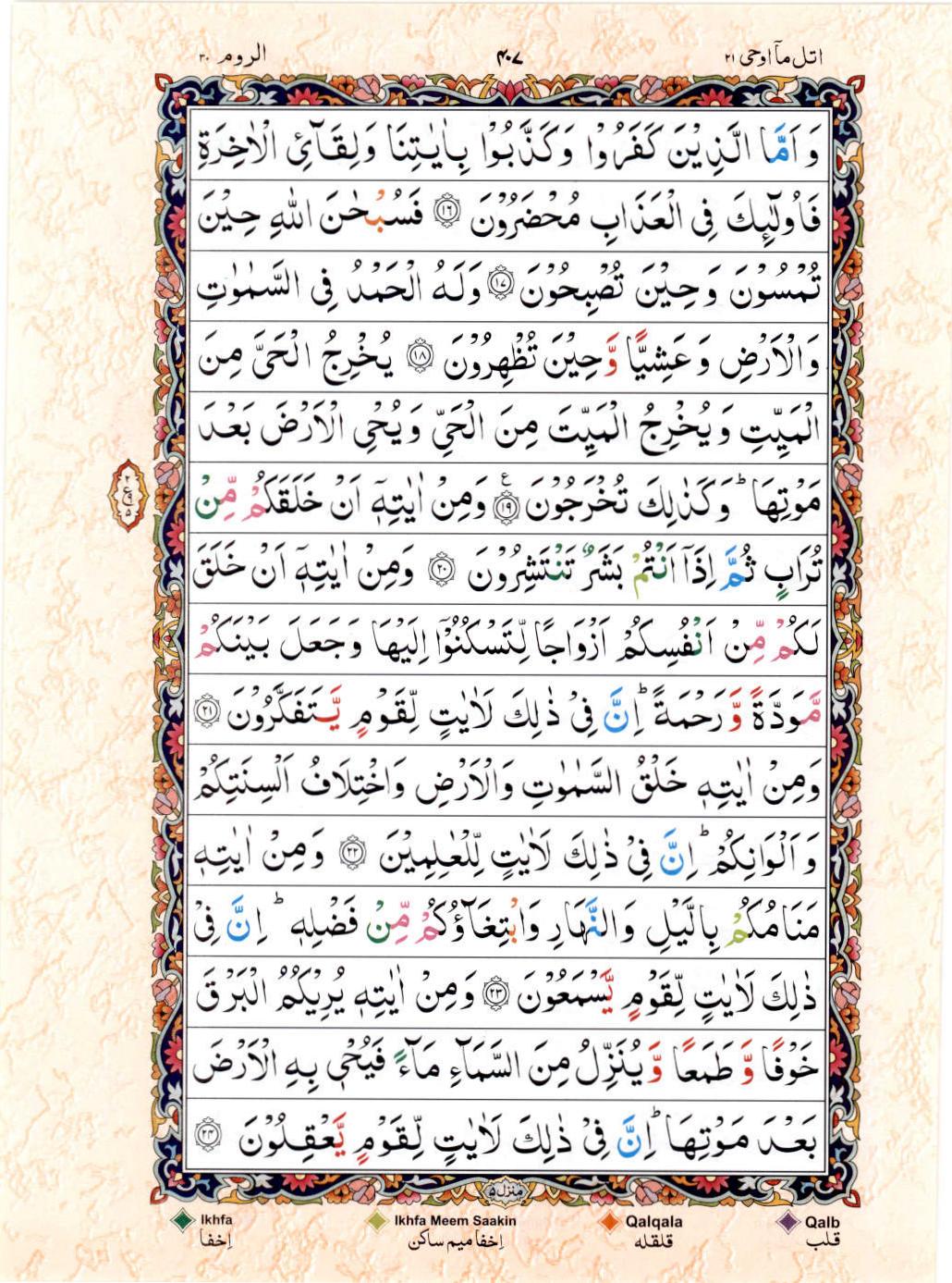 Read 15 Lines Color Coded Quran, Part / Chapter / Siparah 21 Page 407