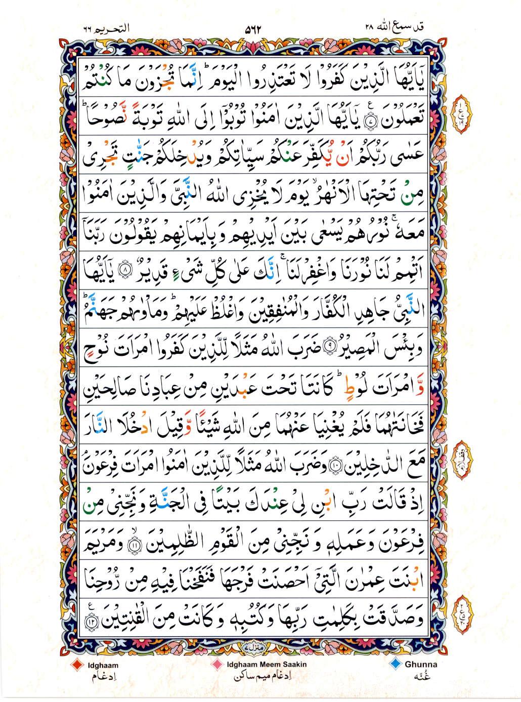 Read 15 Lines Color Coded Quran, Part / Chapter / Siparah 28 Page 562