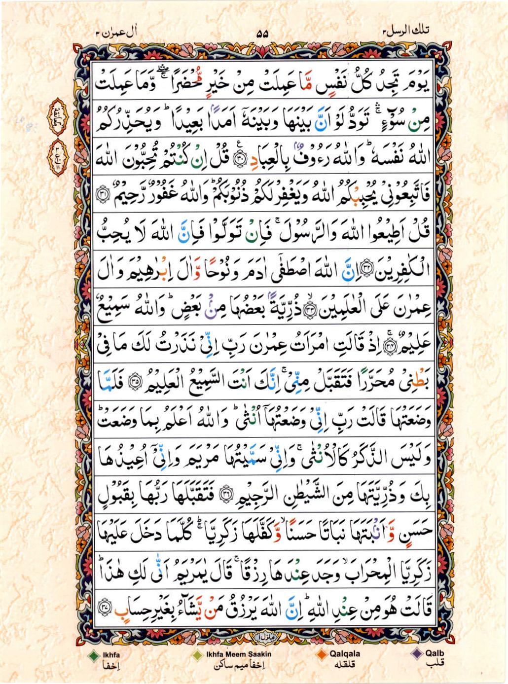 Read 15 Lines Color Coded Quran, Part / Chapter / Siparah 3 Page 55