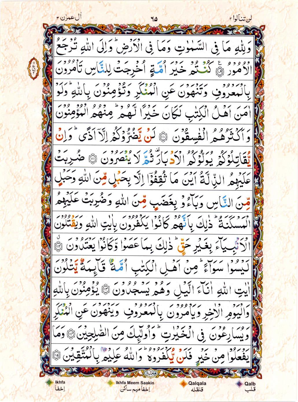 Read 15 Lines Color Coded Quran, Part / Chapter / Siparah 4 Page 65