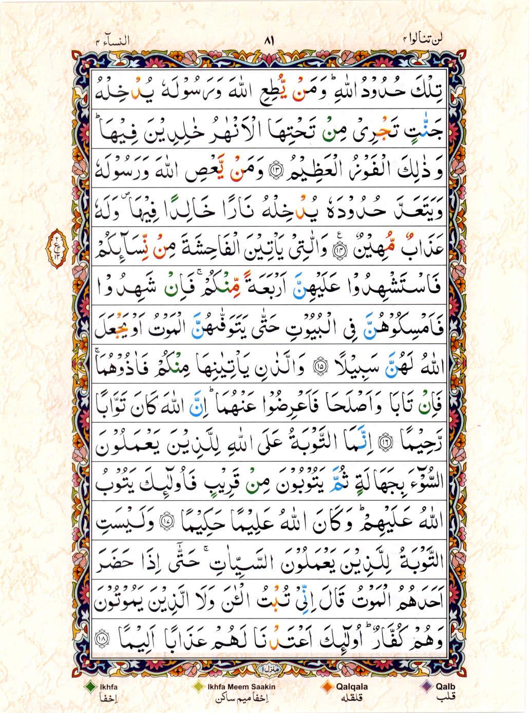 Read 15 Lines Color Coded Quran, Part / Chapter / Siparah 4 Page 81