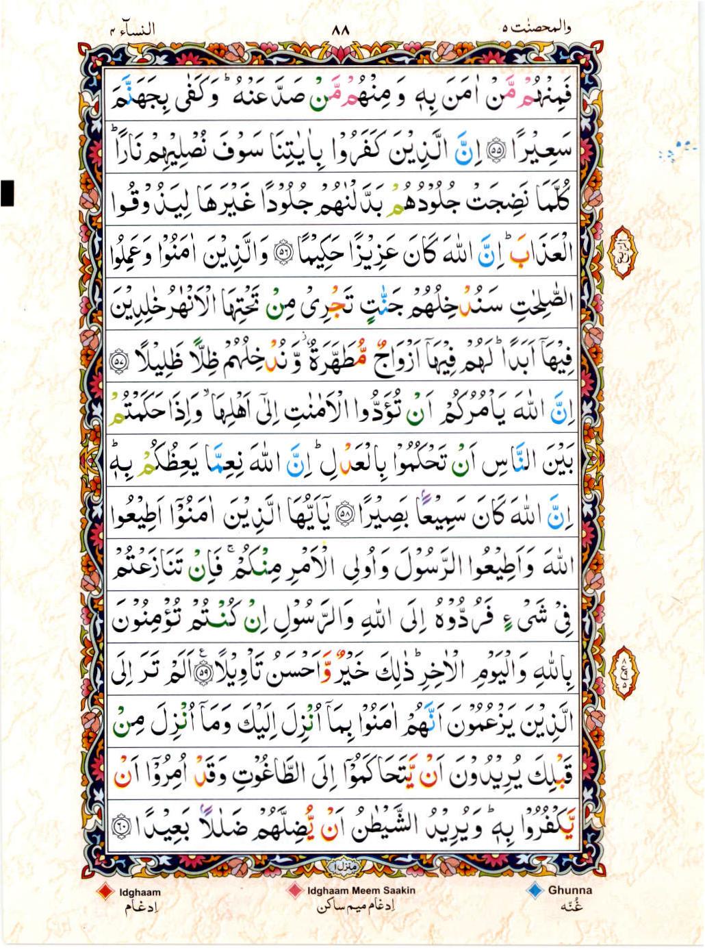 Read 15 Lines Color Coded Quran, Part / Chapter / Siparah 5 Page 88