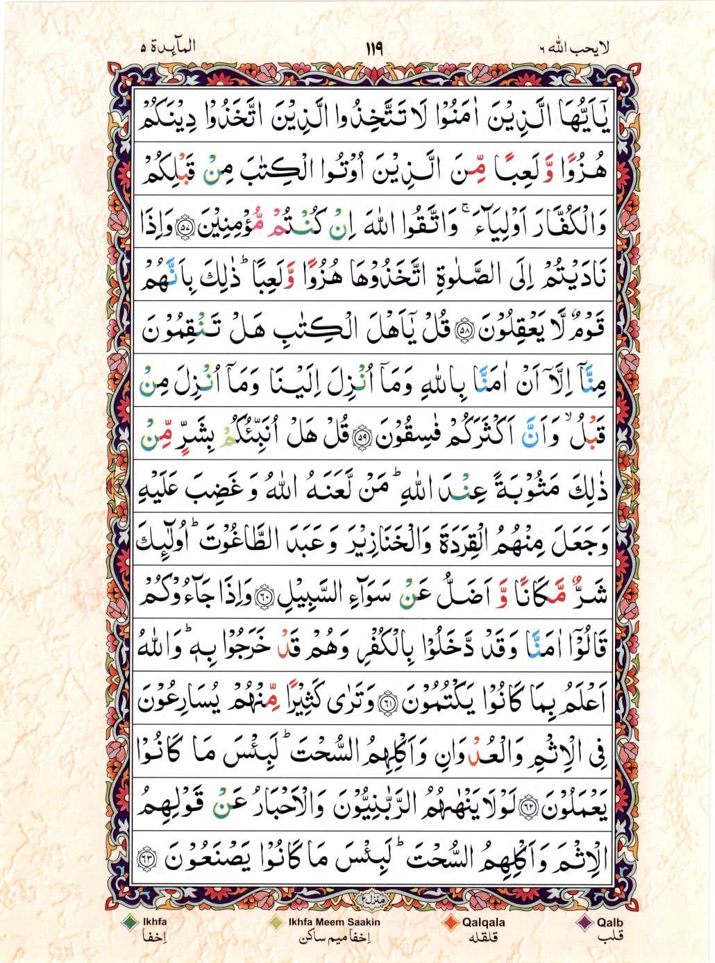 Read 15 Lines Color Coded Quran, Part / Chapter / Siparah 6 Page 119